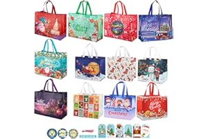 YAAVAAW 12 opakowań świątecznych toreb na zakupy, torby na prezenty wielokrotnego użytku z uchwytami, zawiera 6 dużych 33 cm, 6 bardzo dużych 43 cm wodoodpornych świątecznych toreb na zakupy, świąteczne torby