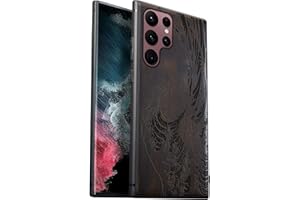 Carveit Funda de Compatible con Galaxy S22 Ultra Carcasa [Madera y Silicona Híbrido Funda] Absorción de Impacto para Samsung S22 Ultra Única estético Carcasa (Madera Negra-La Gran Ola de Kanagawa)