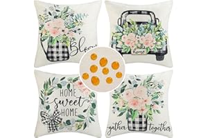 CHEEKYWARES Kissenbezug 40x40 Outdoor Wasserdicht Sofakissen Frühling Sommer Moderne Deko Kissen Kissenhülle Lastwagen Gitter Blumen Rosa Kissenbezüge für Garten Sofa Wohnzimmer Bett Büro Cafe 4er Set