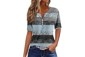 SCBFDI Oberteile für Frauen Trendy Kurze Ärmel V-Ausschnitt Lässig Unterhemd Urlaub Knopf Unten Henley Colorblock Leicht Sweatshirts, Damen Oberteile