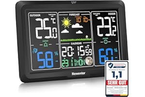 Newentor Wetterstation Funk mit Außensensor - Lebenslange Außensensor-Garantee - Lebendiges VA-Display für 330°Ablesbarkeit - Dauerhafte Beleuchtung, Schwarz