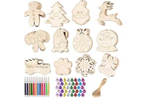 HBell 36pcs Christmas Wooden Ornaments Set With Holes, Unfinished Slices, Twine, Colorful Bells, Watercolor Pens for Kids DIY Crafts, Hanging Decoration, Xmas Gift