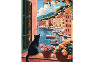 NEWENMO Paesaggio Marino Dipingere con i Numeri Adulti,Gatto Nero Paint by Numbers,Fiore Dipingi con i Numeri Adulti,Pittura con Numeri Kit,con Pennelli e Pigmento Acrilico,per Decora Casa-40x50cm