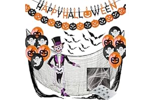 JONAMI Halloween Decorations Indoor Set XXL Happy Halloween Banner, Bats 3D, Pumpkin Garland, Balloons With Ghosts, Spider Web with Spiders, Creepy Cloth Black Net, Giant Spider & Jointed Skeleton