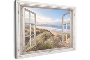 MuchoWow© Leinwand Bilder 90x60 cm Wanddeko Wohnzimmer Aesthetic Room Decor Deko Zimmer Wandbilder Modern Fensterblick - Meer - Strand - Dünen - Maritim