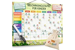EDUBINI Reward Board for Children - [100 Tasks + 350 Magnets] - Reward System for Responsibility - Family Plan, Montessori Magnetic Board, Weekly Planner, Adhs Aids - Includes Bag, Pen (Dinosaur)