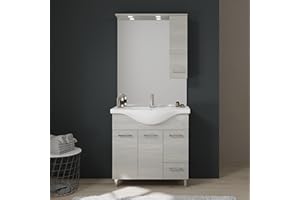 Kiamami Valentina - Mobile bagno a terra da 85cm con ante e cassetto quercia grigio a specchio con pensile