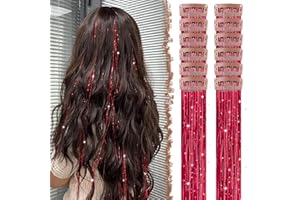 FESHFEN Clip in Hair Tinsel - 12 PCs Red Glitter Tinsel Clip Extensions Sparkle Fairy Party Dazzle Hair Accessories for Women 20 Inch