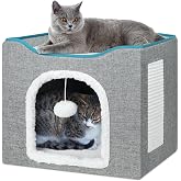 BRIAN &amp; DANY Cat House Foldable and Machine Washable, Cat Cube with Scratcher for Cats and Fluffy Ball, 40 x 40 x 32 cm, Grey