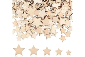 YEJAHY Lot de 200 Étoiles en Bois pour Bricolage et Décoration de Noël, Fête, Table (6 mm, 8 mm, 10 mm, 12 mm, 15 mm)