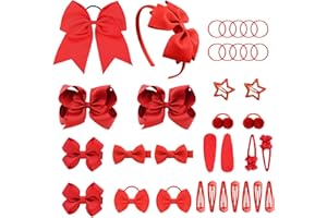 VIKSAUN 35 Pezzi Baby Girl Lino Fiocchi per capelli, Clip a coccodrillo Clip per capelli antiscivolo, Accessori per bambini Capelli in Metallo e Elastici per Ragazze rosso Natalizi (35 Pezzi)
