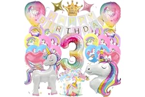 HAPPLIOPLAY Einhor Deko Kindergeburtstag 3, Einhor Party Deko 4D Luftballons, Set Einhor Geburtstagsdeko 3 Jahre Mädchen, Bunt Banner und Tortendeko, Einhor Geschenke für Mädchen (Einhor Geburtstag 3 Jahre)