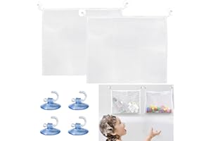 KIGHDEL Bath Toy Storage,2 PCS Bath Toy Net,Foldable Bath Toy Holder,Bath Net Toy Storage,with Suction Cup Bath Toy Bag for Organizing Toys and Bathroom Items with 4 Strong Hooks (White)