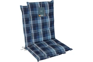‎LILENO HOME LILENO HOME Gartenstuhl Auflagen als [2er Set - Hochlehner] in Karo Blau - Bequeme Liegen als Sitzauflagen für Gartenmöbel - Stuhlkissen für Gartenstühle und Klappstühle