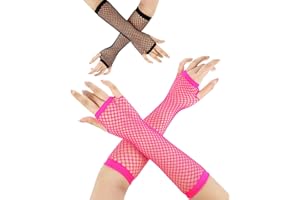 Bencailor 2 Paar Lange Netz Handschuhe Fingerlose Netz Handschuhe Tanz Party 80er Jahre Fingerloses Zubehör Party Zubehör Handschuhe für Party Kostüm Zubehör (Schwarz und Rosa)