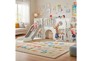 ‎MAMIZO MAMIZO 9 in 1 Kinderrutsche, Kinder Rutsche mit Klettergerüst, Indoor & Outdoor Rutsche mit Basketballkorb und Teleskop, Tunnel, Stauraum, Gartenrutsche,Kinder Spielplatz, mit 2PCS Moduls, Grau Weiß