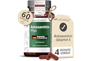 ‎NATURKLAR Astaxanthin 12 mg Kapseln - 2 Fach Kombi mit hochdosiertem Astaxanthin & Vitamin E für 4 Monate Reichweite - Vegan - 60 Astaxanthin-Kapseln hochdosiert