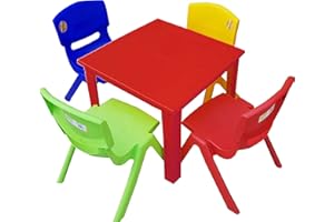 A406 Strong Kids Children Table and Chairs Set for Study, Activity Garden Indoor (Red Table + 4 Chairs Mix)