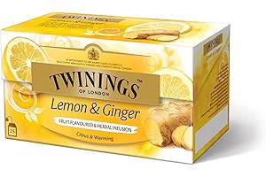 Twinings Lemon & Ginger herbata, pikantna mieszanka o najdelikatniejszym smaku cytryny i imbiru, która wprowadzi Cię w pobudzający nastrój. 25 torebek herbaty x 1,5 g, 37,5 g, Tea trójpak (3 x 38 g)