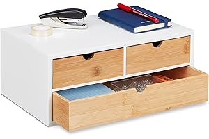 Relaxdays Organizer na biurko, 3 szuflady, na przybory biurowe, wys. x szer. x gł.: 14 x 33 x 21 cm, bambus i MDF, biały/naturalny
