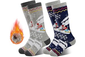 HYCLES Kids Ski Socks, Long Keen High Thermal Winter Socks for Boys, 2 Pairs Colorful Warm Ski Socks for Children, Soft Breathable Winter Outdoor Ski Socks for Skiing Skating Snowboarding