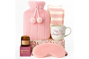SEASONAL STREET Geschenkset frauen - Heiße Schokolade Geschenkset mit Rosa Wärmflasche mit Bezug, Flauschige Socken, Tasse, Duftkerze, Schlafmaske und Malbuch mit Buntstift - Geschenkset Weihnachten