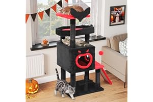 YITAHOME Halloween Gothic Cat Tree, Multi-Level Cat Tower with Dual Perches, Fierce-Mouth Condo, Base Platform, Climbing Ramp, Spider Ornaments & Sisal Posts, Feline House for Indoor, Black & Red