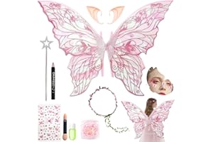 LEZEHEA Costume a forma di ali delle fate, per bambini, adulti, ali di farfalla con orecchie da elfo, corona di fiori, aste, stelle e gel glitterato, per carnevale, compleanno, Halloween, Natale