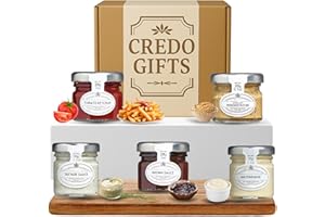CREDO GIFTS Mini Condiment Jar Travel Gift Set – 5 Mixed Portions: Tomato Ketchup, Brown Sauce, Mayonnaise, Tartare, Wholegrain Mustard – Table Sauces & Condiments for Travel, Meals, Gifts, Packed Lunches, Airbnb
