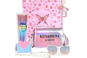 BSTcentelha Gifts for Girl Teenager 9 10 11 12 13 14 15 16 Years, Rainbow Glitter Water Bottle with Straw, Letters Keychain, Cute Sunglasses, Pink Crossbody Bag, Personalized Gift Set for Girls