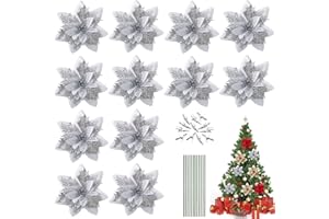 Qunkun 12 unidades de Navidad con purpurina, flores artificiales, flores de Navidad, flores decorativas, flores de Navidad, flores con 12 tallos y clips