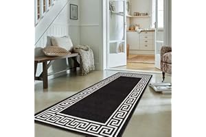 Fit Even Greeky Runner Rug – Large Washable Non-Slip Carpet for Living Room, Bedroom, Lounge, Dining, Kitchen, Modern Indoor Long Floor Rug (Black & White, 66x220 cm)