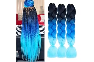 FANWYFYU Kanekalon Meches Tresse Cheveux, 3Paquets 24"Jumbo Braids Meches, Extension de Cheveux de Fibre Synthétique Pour Crochet Twist Tressage(Noir/Bleu Royal/Bleu Ciel)