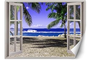 Feeby Carta Da Parati Vista Fuori Dalla Finestra Illusione 3D 280x200 cm blu Fotomurale Tessuto Non Tessuto Per Casa Ufficio Camera Da Letto Gabinetto Soggiorno Spiaggia Tropicale Oceano Mare