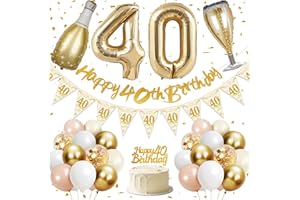 LYUET 40th Birthday Decoration, Happy 40th Birthday Banner, 40 inches 40 Foil Balloons, Champagne Golden Bottle and Glass, Gold, Pink, White and Confetti Balloons, 40th Party Decorations for Women