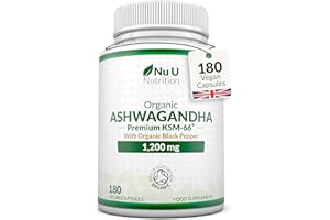 Organic Ashwagandha KSM-66® 1200mg - 5% Withanolides - 180 Vegan Capsules not Tablets - High Strength Ashwaganda Enhanced with Black Pepper - Soil Association Certified - Nu U Nutrition