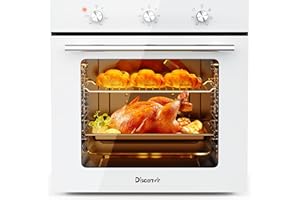 Forno Elettrico da Incasso Disaenvir 60 cm Autosufficiente, Bianco, 60L 2,2kW, Timer, Funzione Pizza, 6 Funzioni, Con Grill & Vassoio da Forno Smaltatol, Riscaldamento Rapido