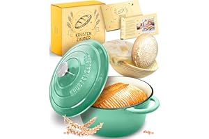 ‎KRUSTENZAUBER KRUSTENZAUBER Gusseisen Topf Brot backen emailliert inkl. Gärkorb - 26cm Emaille-Topf samt Zubehör - Ideal als Brotbacktopf, Brottopf, Brotbackform mit Deckel, Gusseisentopf Brotbacken, Schmortopf