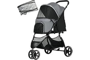 PawHut Hundebuggy Haustierwagen mit Regenschutz 2 Sicherheitsleinen Katzenwagen mit Aufbewahrungskorb Klappbar Hundebox für kleine und Miniaturhunde, Oxford, Grau