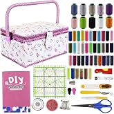 SusggO 140 Pieces Sewing Box Large Complete Basic Guide Stitches Sewing Box Wood Lined Fabric Accessories Sewing Kit for Adul