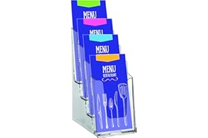 EUROPEL Porte-brochures multicases, support de brochure acrylique transparent, 4 compartiments 1/3 A4, à poser ou accrocher au mur, présentoir pour bureaux, dépliant, flyer