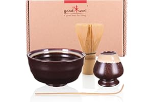 Goodwei Matcha Kit avec balai à matcha, bol à Matcha artisanal et porte-balai en céramique | Coffret cadeau (Kumo)