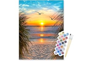 NPCSWXQ Paint by Numbers for Adults Beginners, Beach Sunset DIY Landscape Acrylic Paint by Numbers Canvas Kit for Bedroom Study or Office Home Wall Decor Gift 16x20In/40x50cm