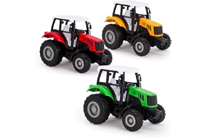 Förpackning med 3 - Die Cast Pull Back traktor - lantbruksleksaker - 1 gul, 1 röd, 1 grön traktor