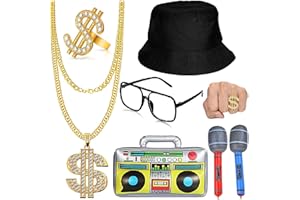 DONGZQAN Zuhälter Kostüm Set, 80er/90er Rapper Accessoires, Große Goldene Kette/Dollar Ring/Goldenes Armband/Dollar Kette/Schwarze Rahmenbrille