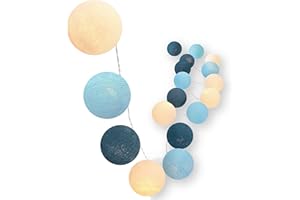 CREATIVECOTTON Łańcuch świetlny LED z bawełnianymi kulkami w zestawie z timerem i ściemniaczem (35 kulek, ocean)