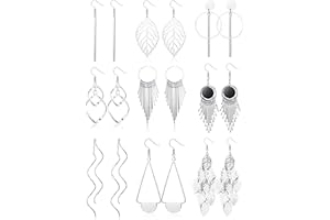 JeweBella 9 Paires Boucles d'Oreilles Pendantes pour Femmes Filles Acier Inoxydable Hypoallergéniques Argent/Or Boucles d'Oreilles Pompons Feuille Vague Bijoux Fantaisie pour Femme Fille