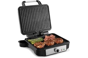 TIASTAR Kontaktgrill 180-Grad-Öffnung, Antihaftbeschichteter Panini , Kontakt Sandwich Grill, 1800W Sandwichtoaster mit Abnehmbarer Tropfschale, Einstellbare Temperatur, Edelstahl