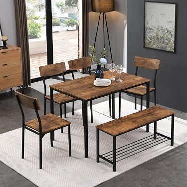 Ensemble Table à Manger Avec 4 Chaises - Dimensions Table 108x65x75 Cm - Chaises Empilables - Style Vintage Brun - Pour Balcon, Salon, Salle à Manger