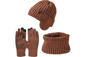 DECORIE 3 Pezzi Unisex Set in Maglia - Cappello Invernale Berretto con Copriorecchie e Guanti Touch Screen,Sciarpa Scaldacollo con Forro Lana per Uomo Donna